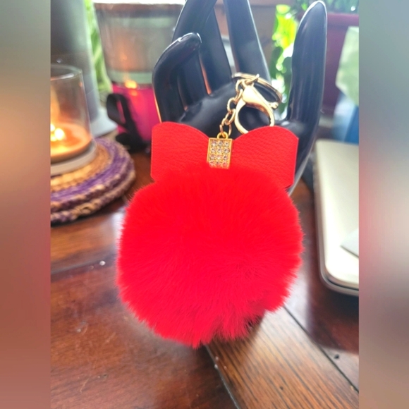 Red Pom Pom Bag Charm with Bow - Picture 1 of 4